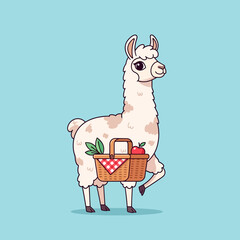 Fototapeta premium Cute Llama with Picnic Basket and Apple - Vector Illustration