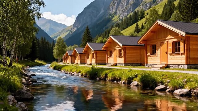 Wooden cabins nestled beside a flowing river in a picturesque mountain valley.