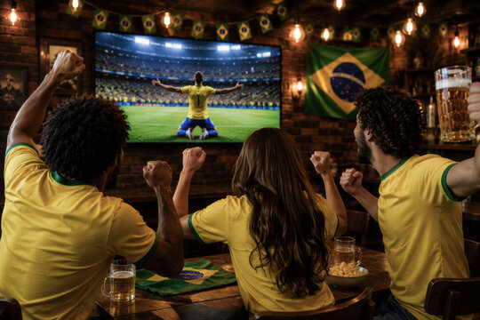 Passionate Brazilian soccer fans celebrating a goal while watching live match in sports bar, friends cheering together with beer, football championship excitement and team support