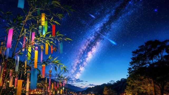 七夕の笹飾りと夜空に広がる天の川と流れ星の幻想的なアニメーション　七夕祭り