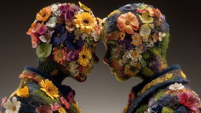 Two figures, faces touching, composed of vibrant flowers. Abstract textures, detailed close-up, neutral background