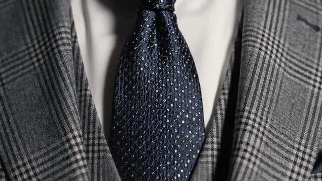 Close up of navy blue patterned necktie with white shirt and grey plaid suit jacket