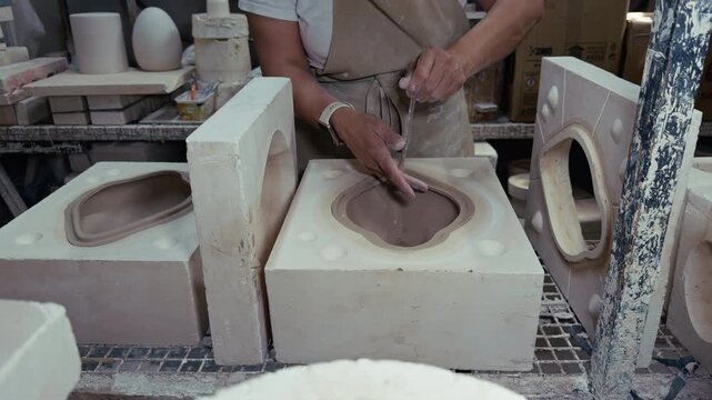 Ceramic Artisan Working With Plaster Molds In Pottery Workshop