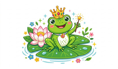 Fototapeta premium Adorable Cartoon Frog Prince on Lotus Pad with Golden Crown Vector Character