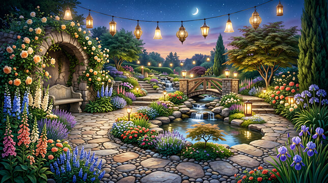 Garden pathway with waterfalls, bridge, and lanterns at dusk stone path stream
