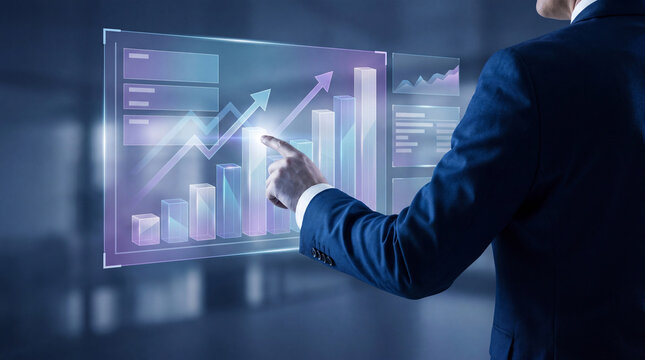 Business man analyzing financial growth chart on futuristic screen