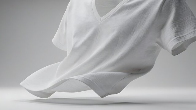 Mockup of a white V-neck t-shirt made of slub cotton hovering in air