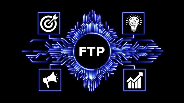 Ftp file transfer protocol digital technology animation showing data network.