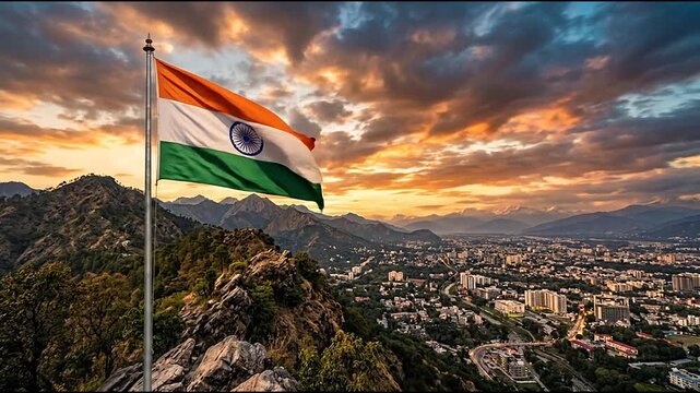 Indian flag waving from a rocky mountain peak at sunset.