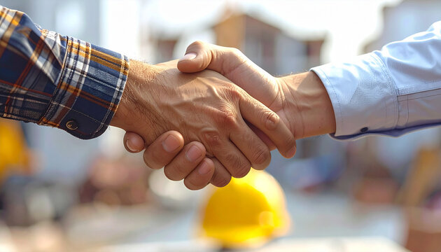 Agreement in Progress: Two hands clasped in a firm handshake against a backdrop of ongoing construction, symbolizing partnership and mutual trust.
