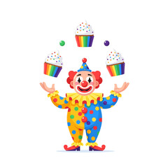 Naklejka premium Happy Clown Juggling Rainbow Cupcakes and Balls