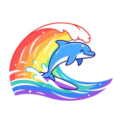 Naklejka premium Happy Dolphin Surfing Rainbow Wave - Cute Cartoon Ocean Animal Illustration