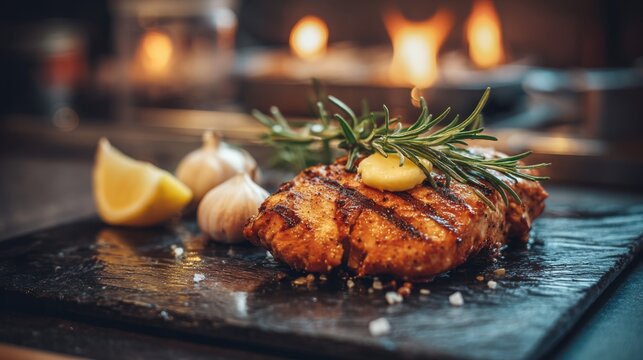 Grilled Chicken Breast Garnished with Fresh Herbs and Lemon on a Slate Plate Surrounded by Garlic Cloves and Flames in a Cozy Kitchen Setting