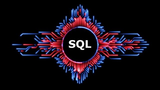 SQL word with neon lines over black background showing data stream dynamic motion.