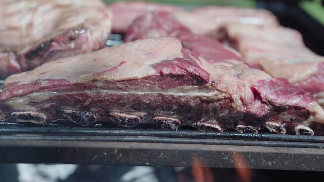 Close-up of Argentine beef ribs grilling over firewood during a traditional asado barbecue with rustic outdoor cooking atmosphere.