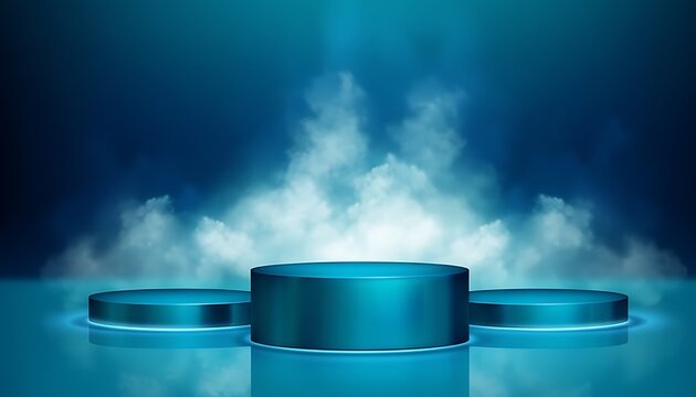 Three cylindrical smart speakers with glowing blue light on reflective dark surface