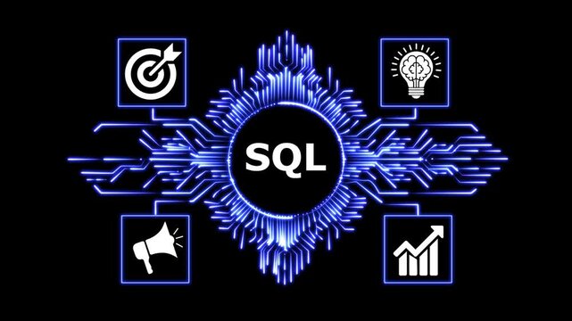 Dynamic SQL database concept with icons for growth and strategy.