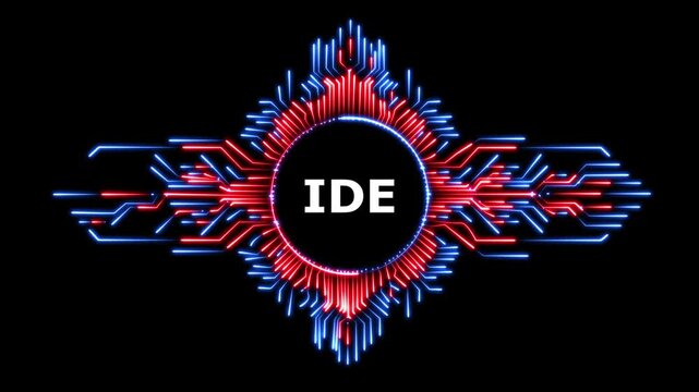 Digital ide concept with neon glowing red and blue abstract geometric circuitry.