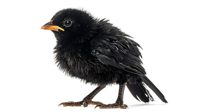 A small, fluffy, black bird with a bright orange beak stands against a stark white background, looking alert. The bird is likely a fledgling