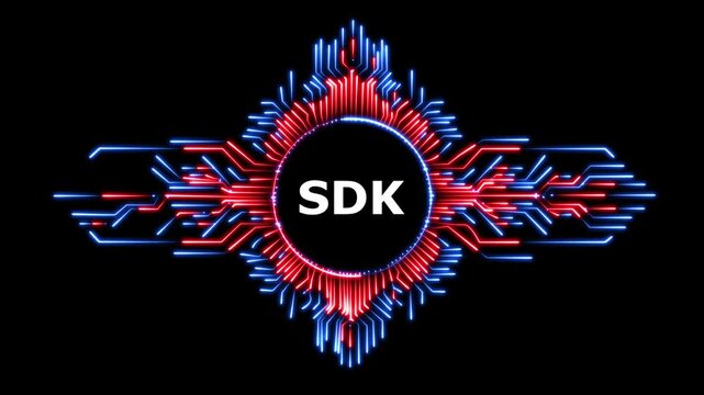 Abstract sdk text over blue and red neon glowing lines with black background.