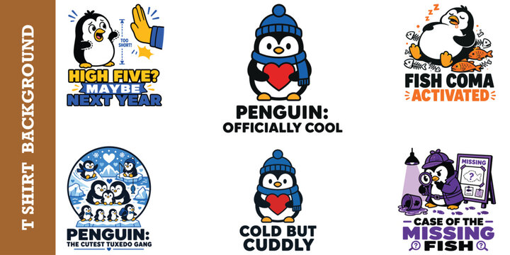 Set of cute penguin cartoon character vector illustrations for kids t shirt print design.