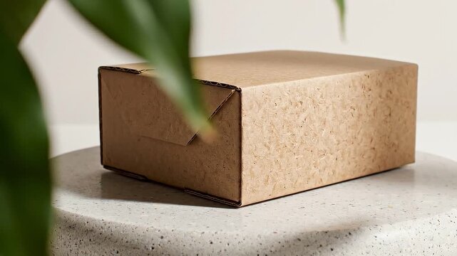 Close up of eco-friendly recycled brown cardboard packaging on a minimalist stone podium with leaf shadows, sustainable product mockup concept