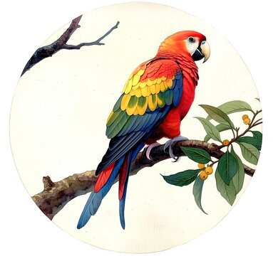 Fine art watercolor circular textured light colored paper brightly colored parrot red yellow blue perched on dark brown tree branch green leaves small yellow berries right side smaller dark branch upp