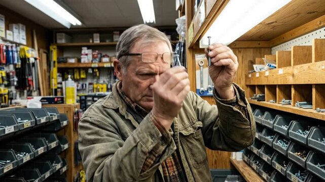 Older senior man examining and inspecting screw hardware store aisle, focusing on selection in busy retail hardware store aisle