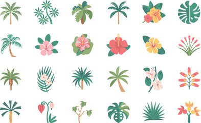 Naklejka premium Tropical collection of palm trees and exotic hibiscus flowers isolated on white background set icon.
