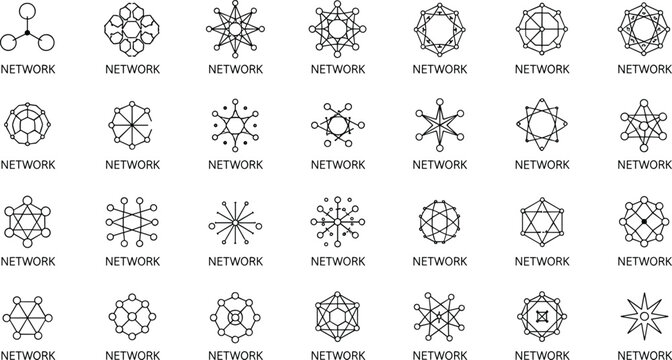 Abstract Network Geometry Icon Collection with Connected Nodes, Digital Communication, Blockchain, and Data Structure Symbols for Technology Design Projects