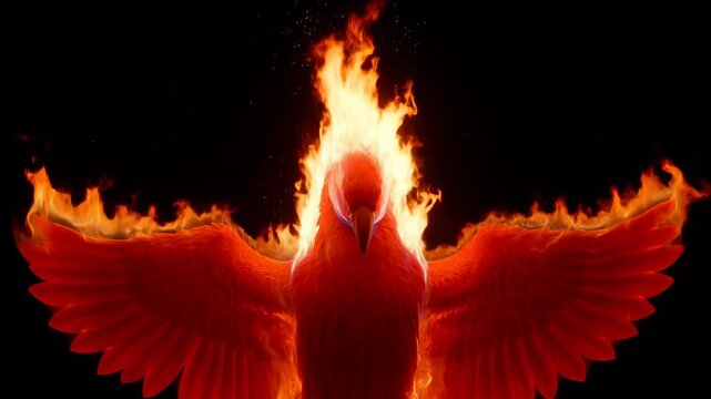 Fire bird with wing spread in red flame on black background, fiery bird silhouette with dramatic pose