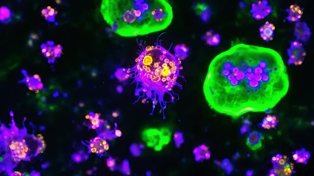 Microscopic view of colorful cells, possibly bacteria or immune cells.