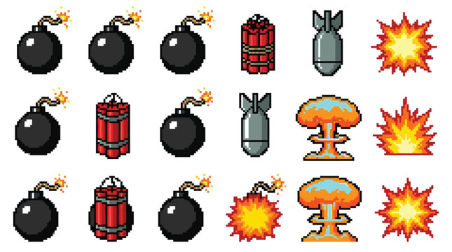 Colorful pixel art vector illustration featuring various explosive weapons and dangerous blast effects for games