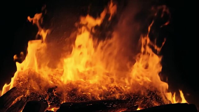 Intense Flames Erupting from a Pile of Wood Logs in Darkness