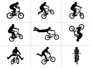 Naklejka premium BMX bike stunts silhouette icons on a white background, vector illustration