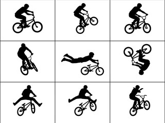 Naklejka premium Collection of BMX bicycle stunt rider silhouettes in action on a white background