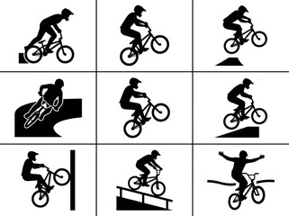 Naklejka premium BMX bike tricks flat vector icons silhouette collection