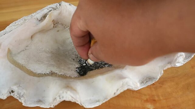 A man's hand extinguishes a cigarette in an ashtray made from a giant clam shell.