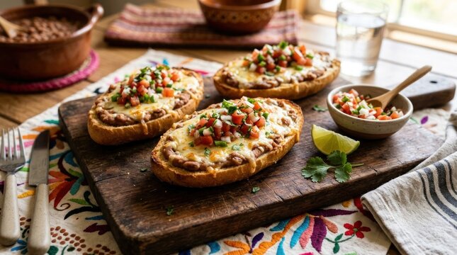 Mexican molletes topped with pico de gallo refried beans cheese