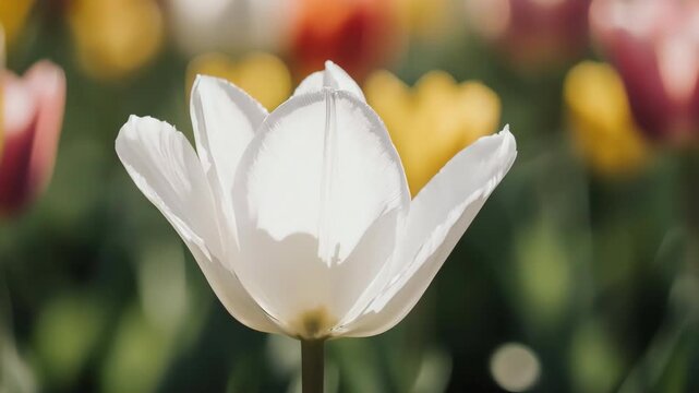 close-up of colorful tulips growing in neat rows across a blooming field, warm daylight illuminating smooth petals