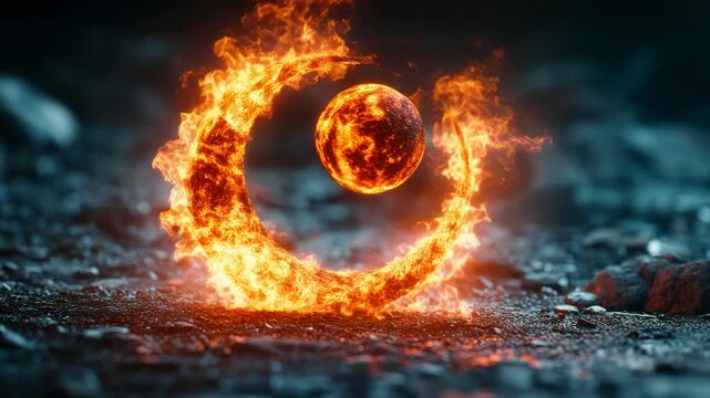A fiery sphere and burning ring glow amidst a dark, textured landscape, radiating energy and heat