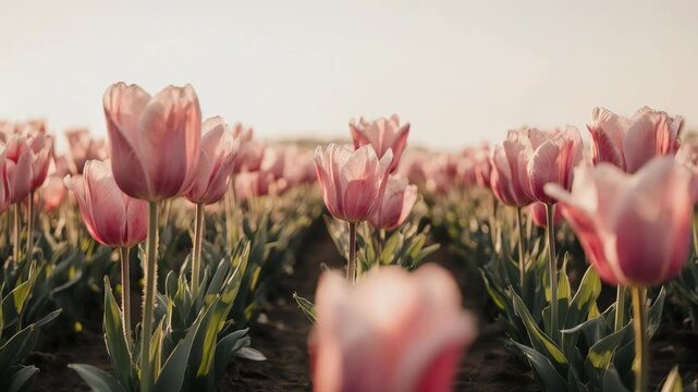 close-up of colorful tulips growing in neat rows across a blooming field, warm daylight illuminating smooth petals