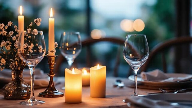 Romantic table setting with glowing candles and wine glasses.