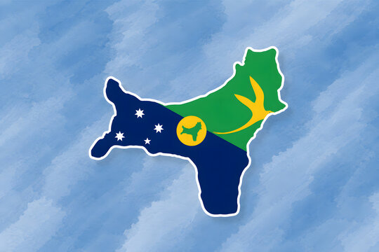 Christmas Island map with territorial flag and golden bosun bird on watercolor background
