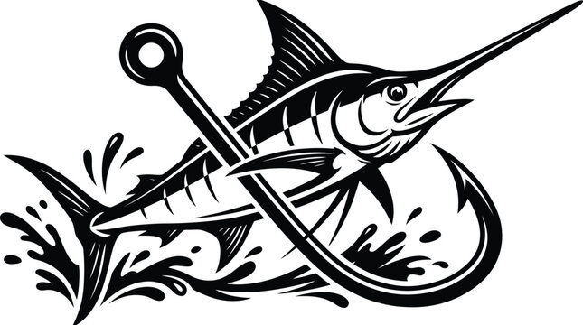 A dynamic black and white vector illustration depicting a marlin fish hooked by an anchor