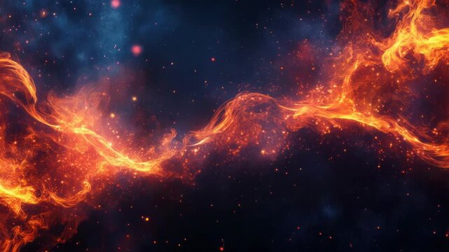 A vibrant nebula with swirling fiery energy, red and orange hues against a dark blue cosmic backdrop