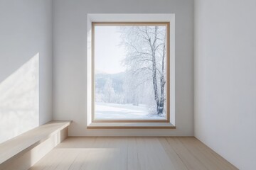 Fototapeta premium Cozy Winter Scene Through a Large Window in a Minimalist Room.