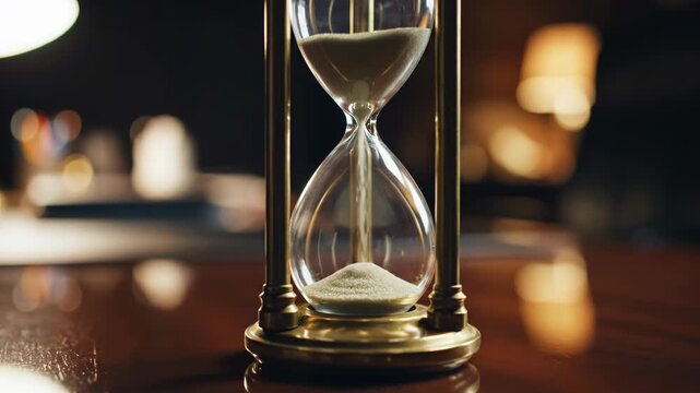 Glass hourglass on wooden table indoors.