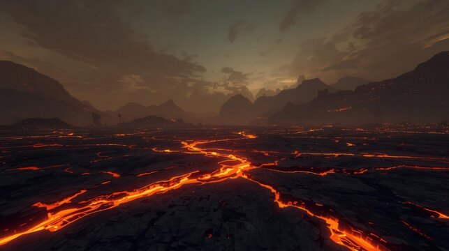 dramatic volcanic battlefield with molten lava cracks at dusk