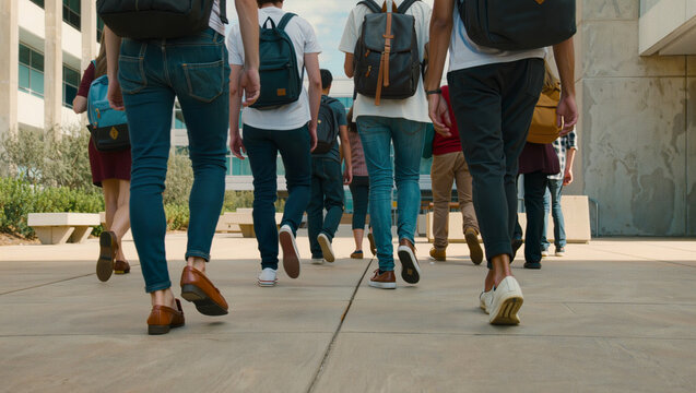 Diverse group of students walking away from camera on college campus